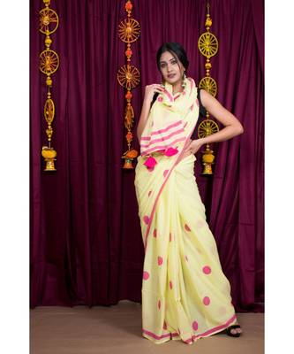 yellow printed cotton saree with blouse 1