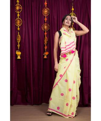 yellow printed cotton saree with blouse 2