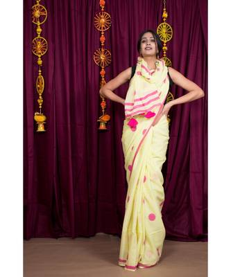 yellow printed cotton saree with blouse 3