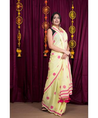 yellow printed cotton saree with blouse 5