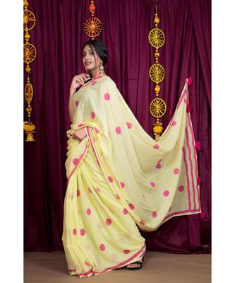 yellow printed cotton saree with blouse 6