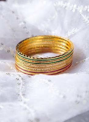 Beautiful Cz Ad Studded Gold Plated Traditional Red Green White American Diamond Bangles Set For Women 1