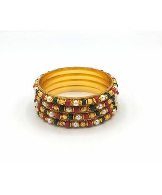 Traditional  Gold Plated Bangles With Multi Colored Bead Set Of 4 1