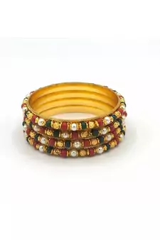 Traditional  Gold Plated Bangles With Multi Colored Bead Set Of 4