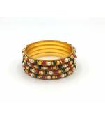 Traditional  Gold Plated Bangles With Multi Colored Bead Set Of 4