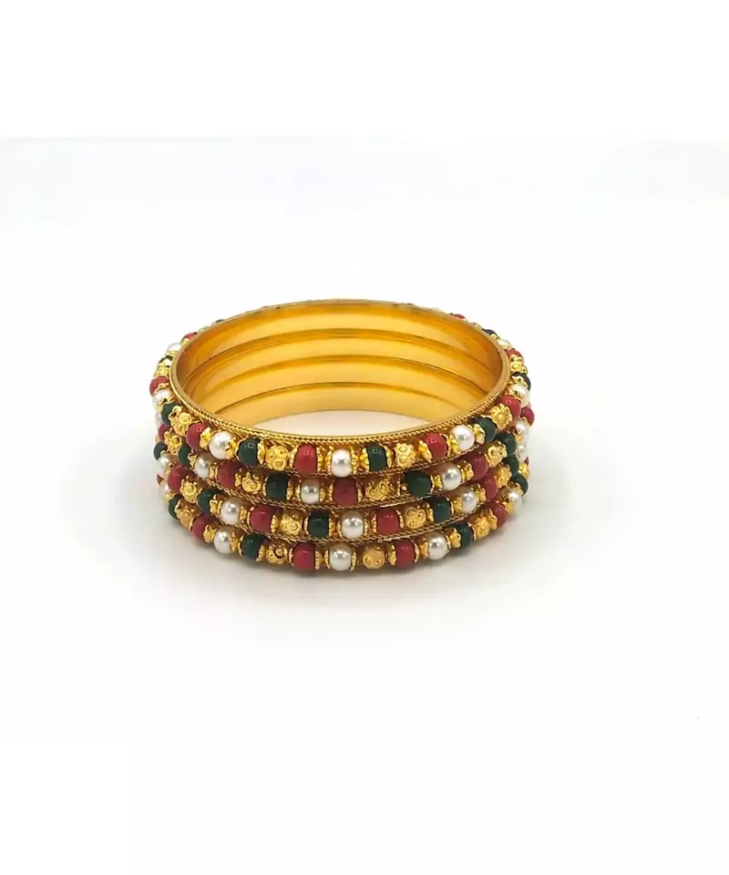 Traditional  Gold Plated Bangles With Multi Colored Bead Set Of 4