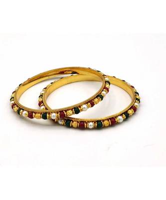 Traditional  Gold Plated Bangles With Multi Colored Bead  Set Of 2 1
