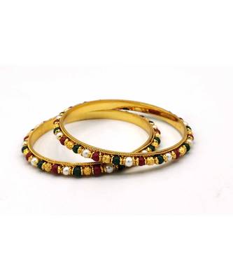Traditional  Gold Plated Bangles With Multi Colored Bead  Set Of 2 2