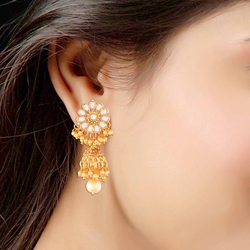 Traditional Gold Plated Kundan & Pearl Jhumki Earrings For Women
