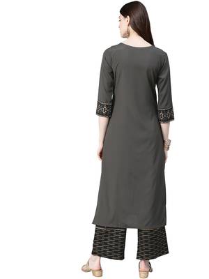 Women's Grey Colour Khadi Print Straight Crepe Kurta With Palazzo 2