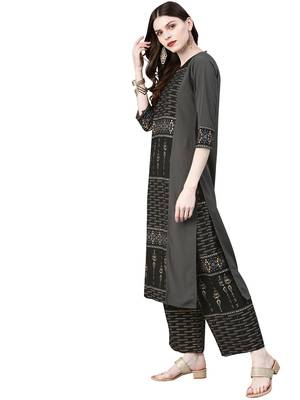 Women's Grey Colour Khadi Print Straight Crepe Kurta With Palazzo 3