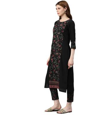Women's Black Colour Foil Print Straight Crepe Kurta With Pant 3