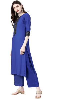 Women's Royal Blue Colour Solid Straight Rayon Kurta With Palazzo 3