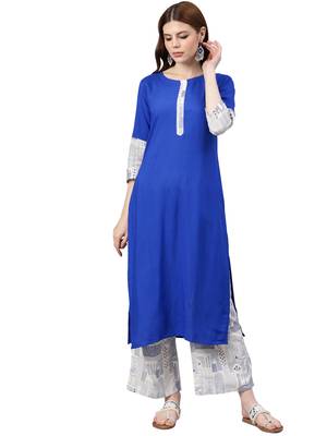 Women's Royal Blue Colour Solid Straight Rayon Kurta With Palazzo 1