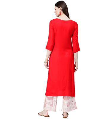 Women's Red Colour Khadi Print Straight Rayon Kurta With Palazzo 2