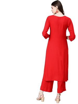 Women's Red Colour Khadi Print Straight Rayon Kurta With Palazzo 2