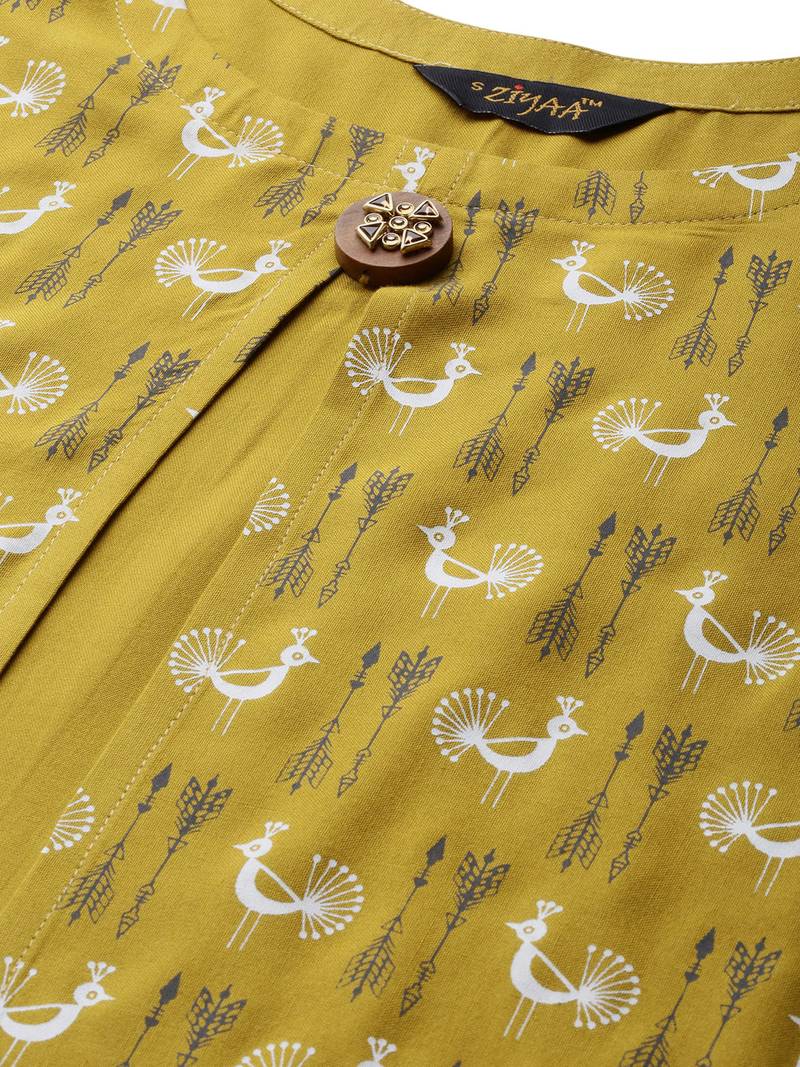 Mustard Yellow White Khadi Bird Print Kurta With Pleats Detailing