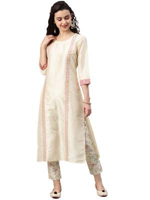 Women's Cream Colour Foli Print Straight Polysilk Kurta With Pant 1