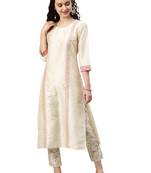Women's Cream Colour Foli Print Straight Polysilk Kurta With Pant