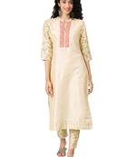 Women's Cream Colour Solid Straight Polysilk Kurta With Pant