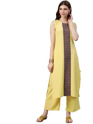 Women's Yellow Colour Solid Straight Crepe Kurta With Palazzo 1