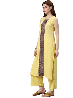 Women's Yellow Colour Solid Straight Crepe Kurta With Palazzo 3