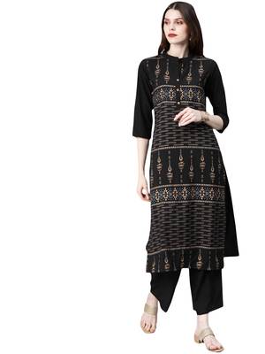 Women's Black Colour Khadi Print Straight Crepe Kurta 1