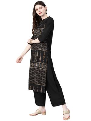 Women's Black Colour Khadi Print Straight Crepe Kurta 3