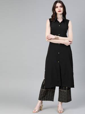 Women's Black Colour Solid Straight Crepe Kurta 1