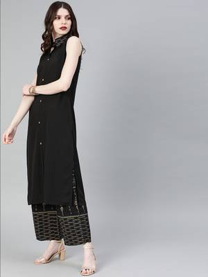 Women's Black Colour Solid Straight Crepe Kurta 3