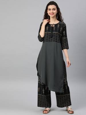 Women's Grey Colour Khadi Print Straight Crepe Kurta 1