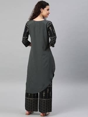 Women's Grey Colour Khadi Print Straight Crepe Kurta 2