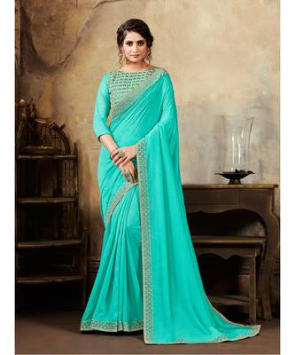 Turqouise Blue Poly Silk Stone Work and Embroidered Border Fancy Designer Saree 1