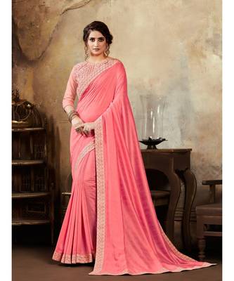 Pink Poly Silk Stone Work and Embroidered Border Fancy Designer Saree 1