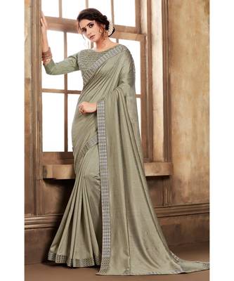 Green Poly Silk Stone Work and Embroidered Border Fancy Designer Saree 1