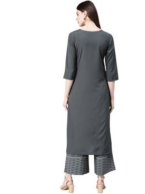 Women's Grey Colour Khadi Print Straight Crepe Kurta 2