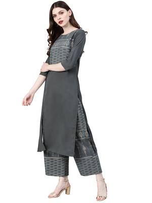 Women's Grey Colour Khadi Print Straight Crepe Kurta 3