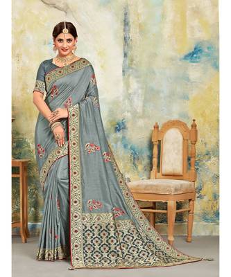 Grey Poly Silk Embroidered with jaqcard Pallu Heavy Work Saree 1