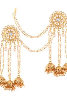 Traditional Gold Plated Kundan & Pearl With Hair Chain Bhahubali Earrings For Women