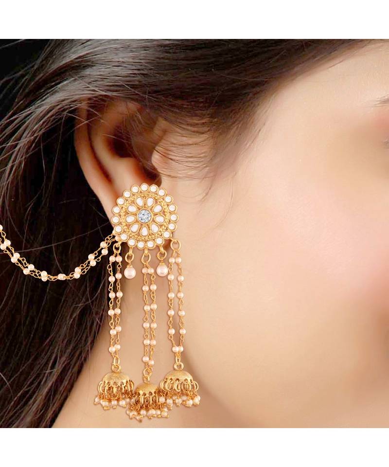 Traditional Gold Plated Kundan & Pearl With Hair Chain Bhahubali Earrings For Women