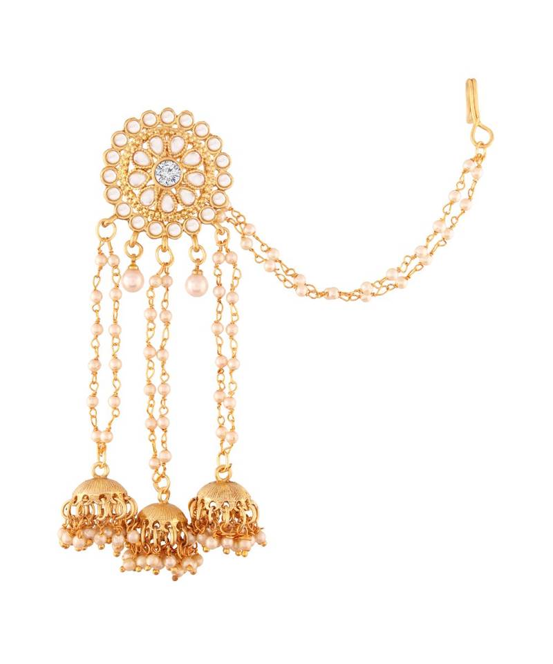 Traditional Gold Plated Kundan & Pearl With Hair Chain Bhahubali Earrings For Women