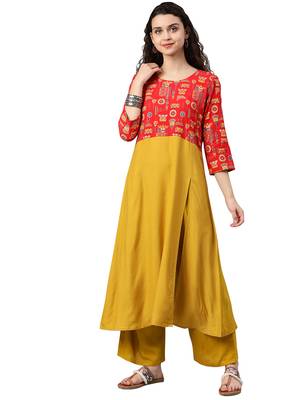 Women's Musturad Colour Foli Print Straight Rayon Kurta 1