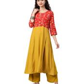 Women's Musturad Colour Foli Print Straight Rayon Kurta