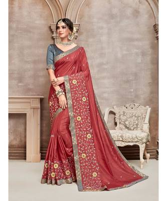Red Poly Silk Embroidered Designer Saree 1