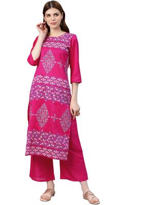 Women's Pink Colour Foli Print Straight Polysilk Kurta 1