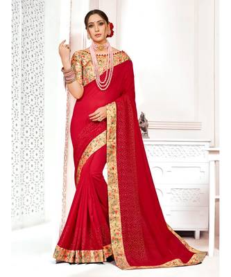 Red Poly Silk Stone work with Big Border Fancy Designer Saree 1