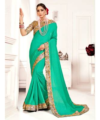 Green Poly Silk Stone work with Big Border Fancy Designer Saree 1