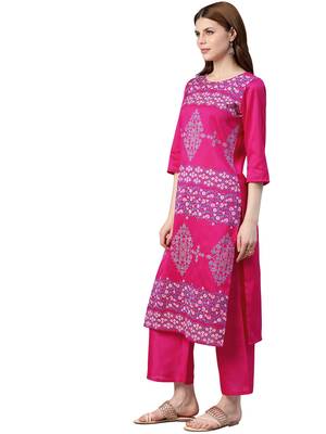 Women's Pink Colour Foli Print Straight Polysilk Kurta 3