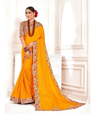 Yellow Poly Silk Stone work with Big Border Fancy Designer Saree 1