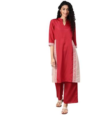 Women's Red Colour Solid Straight Polysilk Kurta 1